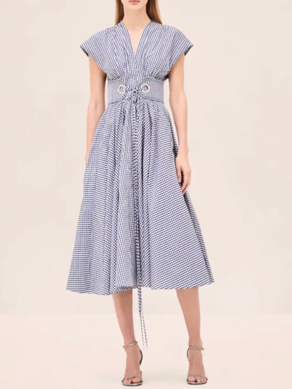 Alexis Riviera Midi Dress Medium Navy Ivory Check - Picture 2 of 5
